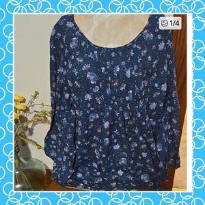 J. Jill Navy Floral Blouse Size Large Tall